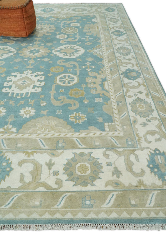 Traditional Blue and Beige Hand knotted 10x14  Vintage Oriental Oushak Area Rug, Living Room, Dinning and Kitchen Rug | CP73B1014