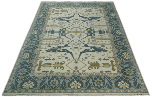Traditional Ivory and Blue Hand knotted 10x14  Vintage Oriental Oushak Area Rug, Living Room, Dinning and Kitchen Rug | CP741014