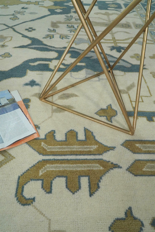 Traditional Ivory and Blue Hand knotted 10x14  Vintage Oriental Oushak Area Rug, Living Room, Dinning and Kitchen Rug | CP741014