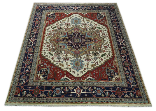 Oversized Large 12x15 and 10x14 Vintage Persian Traditional Ivory and Blue Traditional Heriz Serapi Rug, Living Room, Bedroom | CP76