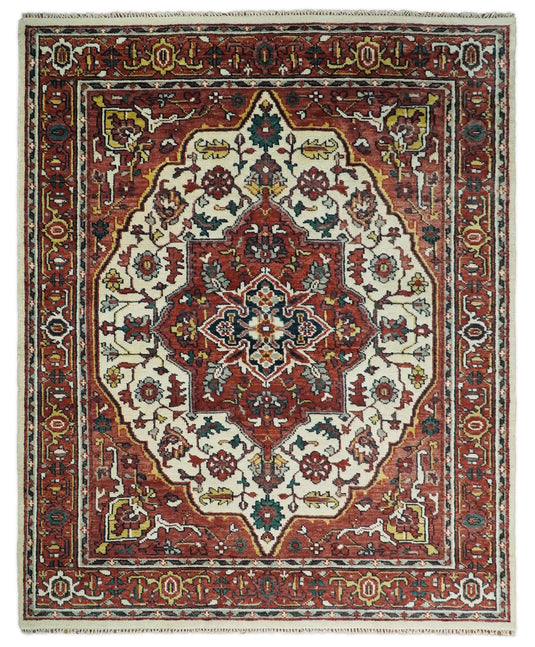 5x8, 6x9, 8x10, 9x12 and 10x14 Red and Ivory Hand Knotted Antique Turkish Large Traditional Vintage Wool Rug, Living Room Rug | CP89S