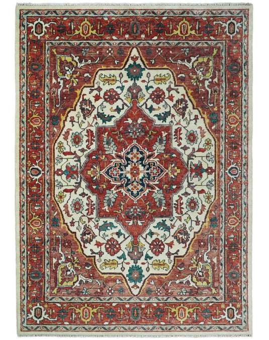 5x8, 6x9, 8x10, 9x12 and 10x14 Red and Ivory Hand Knotted Antique Turkish Large Traditional Vintage Wool Rug, Living Room Rug | CP89S