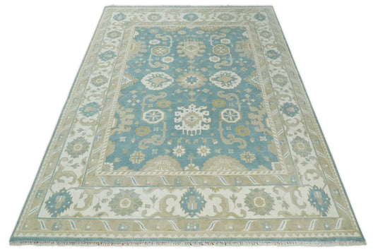 Traditional Blue and Beige Hand knotted 10x14  Vintage Oriental Oushak Area Rug, Living Room, Dinning and Kitchen Rug | CP73B1014