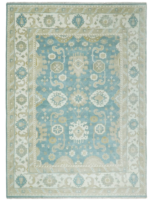 Traditional Blue and Beige Hand knotted 10x14  Vintage Oriental Oushak Area Rug, Living Room, Dinning and Kitchen Rug | CP73B1014