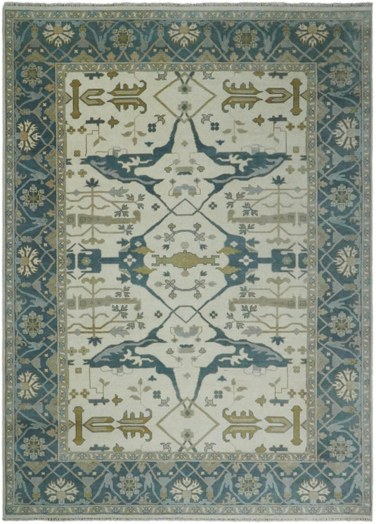 Traditional Ivory and Blue Hand knotted 10x14  Vintage Oriental Oushak Area Rug, Living Room, Dinning and Kitchen Rug | CP741014