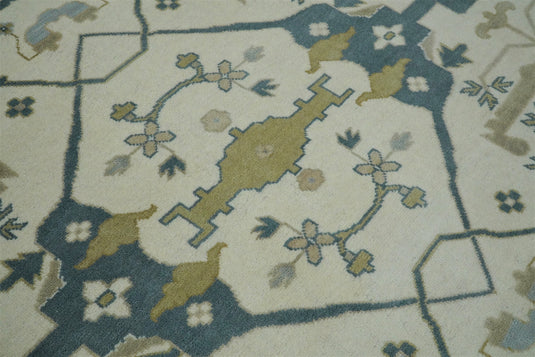 Traditional Ivory and Blue Hand knotted 10x14  Vintage Oriental Oushak Area Rug, Living Room, Dinning and Kitchen Rug | CP741014