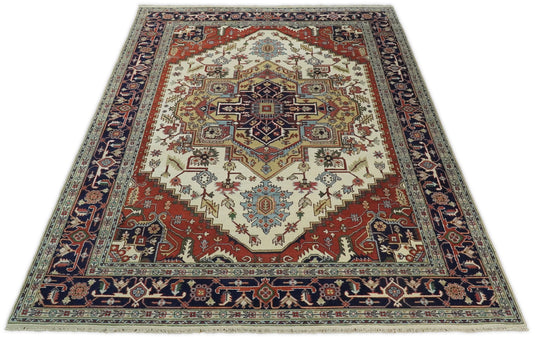 Oversized Large 12x15 and 10x14 Vintage Persian Traditional Ivory and Blue Traditional Heriz Serapi Rug, Living Room, Bedroom | CP76