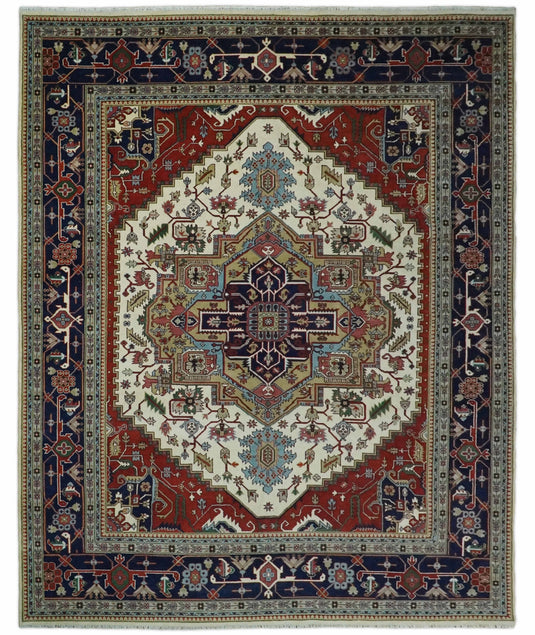 Oversized Large 12x15 and 10x14 Vintage Persian Traditional Ivory and Blue Traditional Heriz Serapi Rug, Living Room, Bedroom | CP76