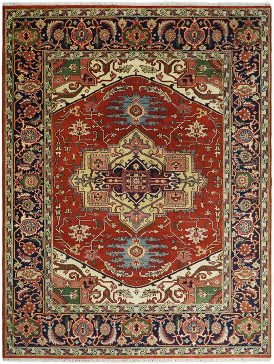 Oversized Large 9x12 Vintage Persian Traditional Rust and Blue Traditional Heriz Serapi Rug, Living Room, Bedroom | CP85912