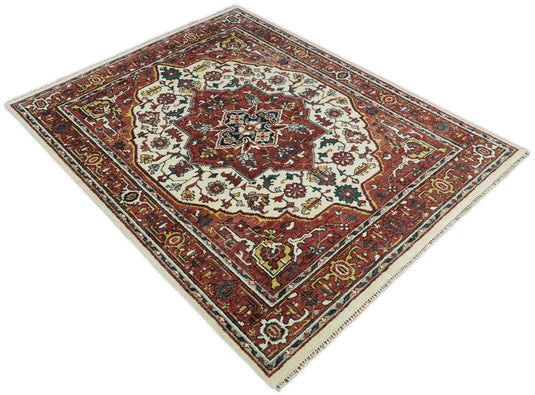 Red and Ivory Hand Knotted Antique Turkish Large Multi Size Traditional Vintage Wool Rug, Living Room Rug | CP89