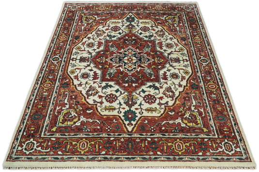 5x8, 6x9, 8x10, 9x12 and 10x14 Red and Ivory Hand Knotted Antique Turkish Large Traditional Vintage Wool Rug, Living Room Rug | CP89S