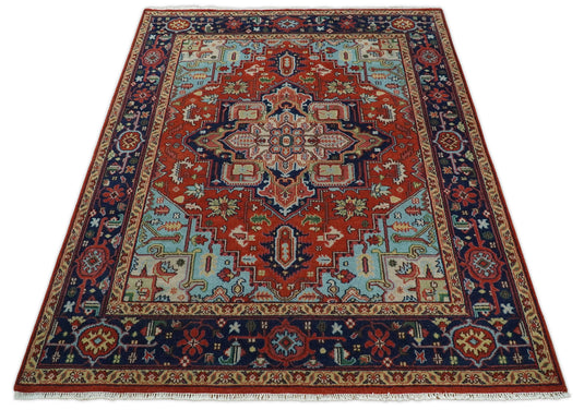 Antique Persian Heriz Serapi Rug, Rust and Blue Traditional Rug, Hand Knotted 3x5, 5x8, 6x9, 8x10, 9x12, Living Room and Bedroom Rug | CP190