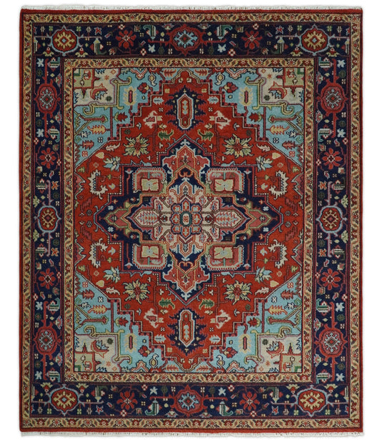 Antique Persian Heriz Serapi Rug, Rust and Blue Traditional Rug, Hand Knotted 3x5, 5x8, 6x9, 8x10, 9x12, Living Room and Bedroom Rug | CP190