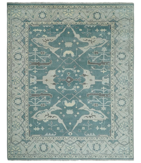 Hand Knotted 8x10 Vintage Oriental Traditional Blue and Ivory Wool Area Rug | CP217810