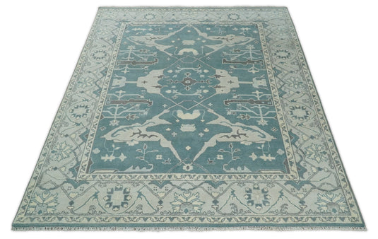 Hand Knotted 8x10 Vintage Oriental Traditional Blue and Ivory Wool Area Rug | CP217810