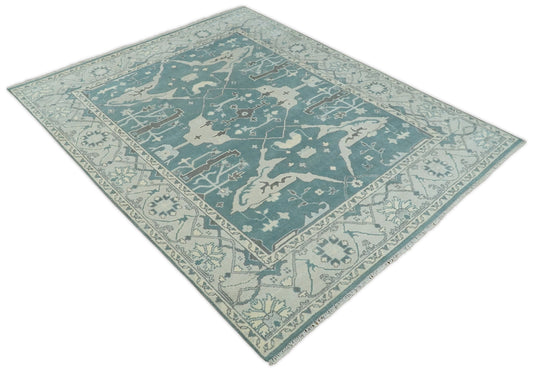 Hand Knotted 8x10 Vintage Oriental Traditional Blue and Ivory Wool Area Rug | CP217810