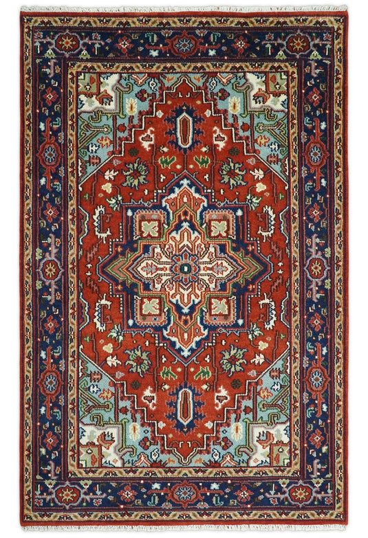 Antique Persian Heriz Serapi Rug, Rust and Blue Traditional Rug, Hand Knotted 3x5, 5x8, 6x9, 8x10, 9x12, Living Room and Bedroom Rug | CP190