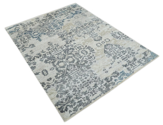 Traditional Hand Knotted Blue, Beige and Gray 8x10 Persian style Bamboo Silk Rug, Living Room and Bedroom Rug