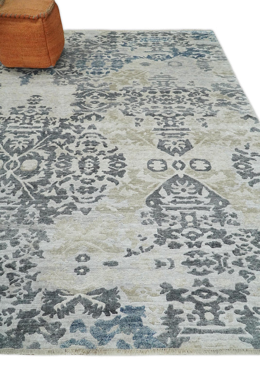 Traditional Hand Knotted Blue, Beige and Gray 8x10 Persian style Bamboo Silk Rug, Living Room and Bedroom Rug