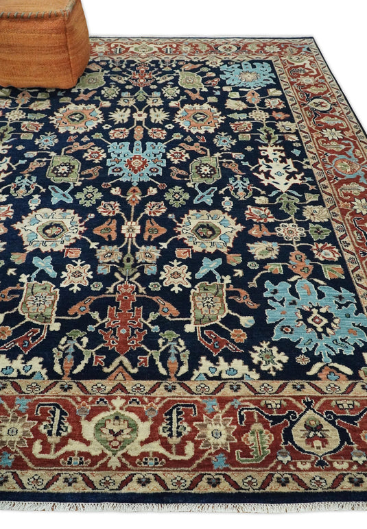 8x10 Fine Hand Knotted Navy Blue and Red Traditional Vintage Persian Style Serapi Heriz Antique Wool Rug, Living Room Rug