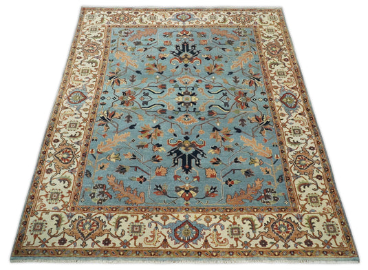 8x10 Fine Hand Knotted Blue and Ivory Traditional Vintage Persian Style Serapi Heriz Antique Wool Rug, Living Room Rug | CP540810