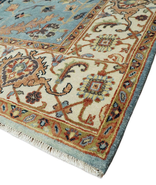 8x10 Fine Hand Knotted Blue and Ivory Traditional Vintage Persian Style Serapi Heriz Antique Wool Rug, Living Room Rug | CP540810