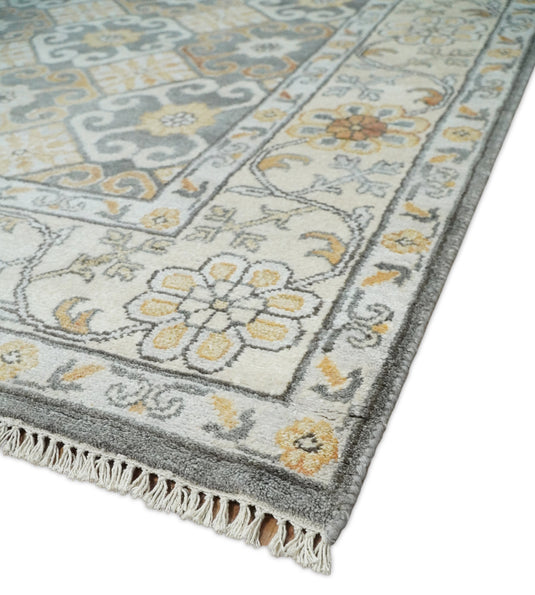 Traditional Hand Knotted Khottan Gray and Beige 8x10 Fine Vintage Persian Style Antique Silk Rug | CP536810