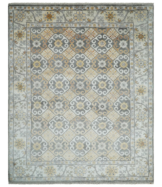 Traditional Hand Knotted Khottan Gray and Beige 8x10 Fine Vintage Persian Style Antique Silk Rug | CP536810