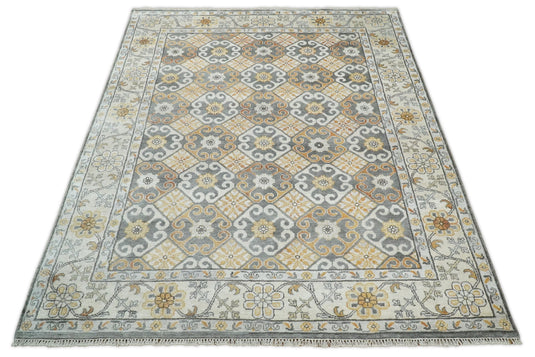 Traditional Hand Knotted Khottan Gray and Beige 8x10 Fine Vintage Persian Style Antique Silk Rug | CP536810