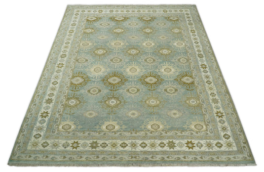 Traditional Hand Knotted Khottan Blue and Beige 8x10 Fine Vintage Persian Style Antique Silk Rug | CP535810