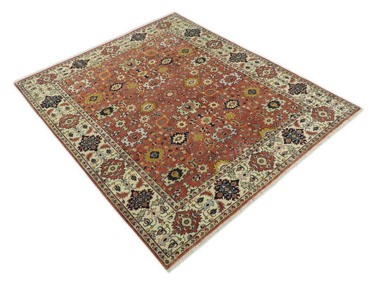 Traditional Vintage Style 8x10 Fine Hand Knotted Terracotta and Beige Antique Wool Rug | CP529810