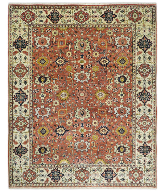 Traditional Vintage Style 8x10 Fine Hand Knotted Terracotta and Beige Antique Wool Rug | CP529810