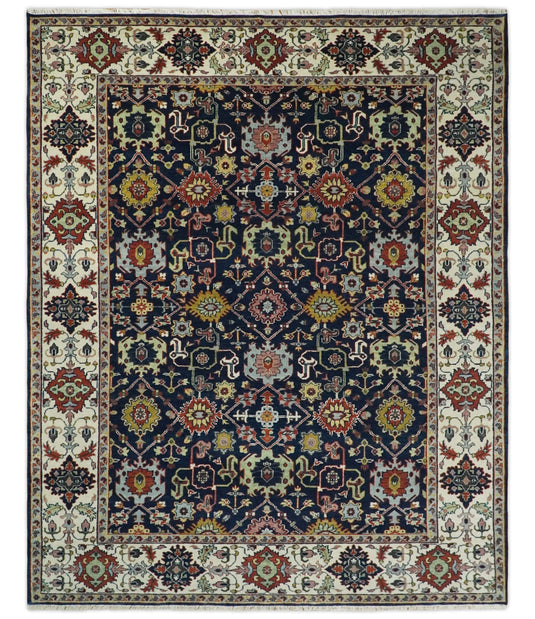 Traditional 8x10 Fine Hand Knotted Blue and Ivory Vintage Persian Style Antique Wool Rug | CP528810