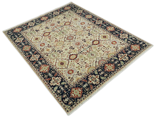 Traditional Vintage 8x10 Fine Hand Knotted Beige and Blue Persian Style Oushak Antique Wool Rug, Living Room and Bedroom Rug | CP525810