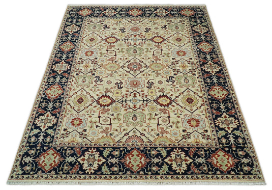 Traditional Vintage 8x10 Fine Hand Knotted Beige and Blue Persian Style Oushak Antique Wool Rug, Living Room and Bedroom Rug | CP525810