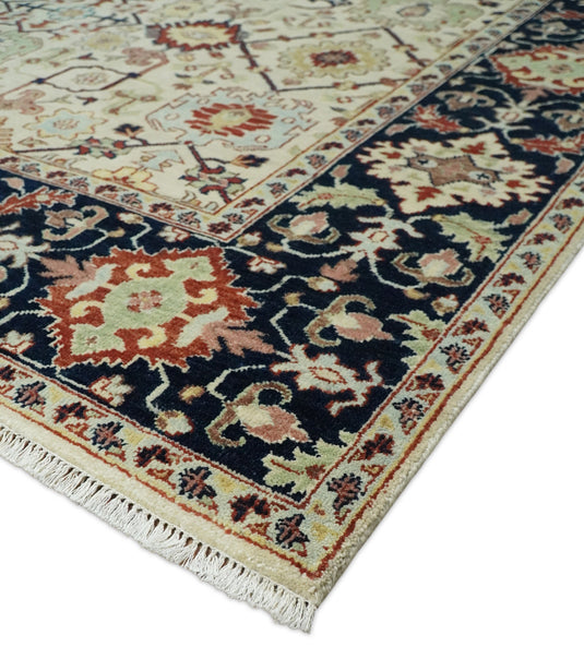 Traditional Vintage 8x10 Fine Hand Knotted Beige and Blue Persian Style Oushak Antique Wool Rug, Living Room and Bedroom Rug | CP525810