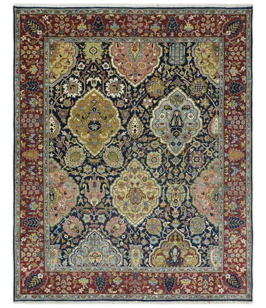 8x10 Fine Hand Knotted Navy Blue and Red Traditional Vintage Persian Style Serapi Heriz Antique Wool Rug, Living Room Rug | CP545810