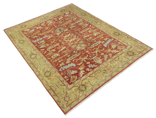 Hand Knotted Traditional 8x10 Rust and Beige  Antique Turkish Vintage Wool Rug, Living Room, Bedroom and Dinning Rug