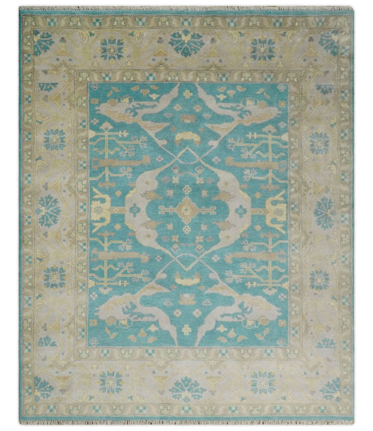 Traditional Hand knotted Oushak 8x10 Wool Persian Blue, Beige and Camel Area Rug | CP791810