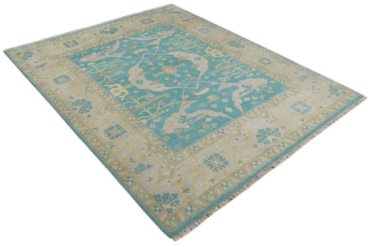 Traditional Hand knotted Oushak 8x10 Wool Persian Blue, Beige and Camel Area Rug | CP791810