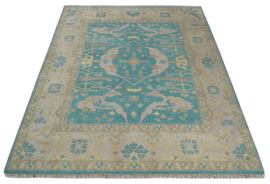 Traditional Hand knotted Oushak 8x10 Wool Persian Blue, Beige and Camel Area Rug | CP791810