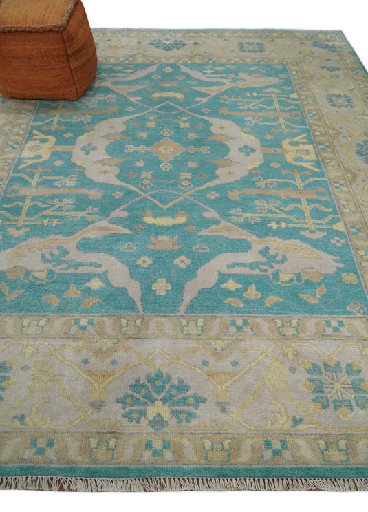 Traditional Hand knotted Oushak 8x10 Wool Persian Blue, Beige and Camel Area Rug | CP791810