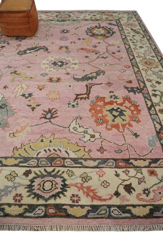 Traditional Hand knotted Oushak 9x12 Wool Persian Pink, Charcoal and Beige Vibrant Colorful Area Rug | CP792912