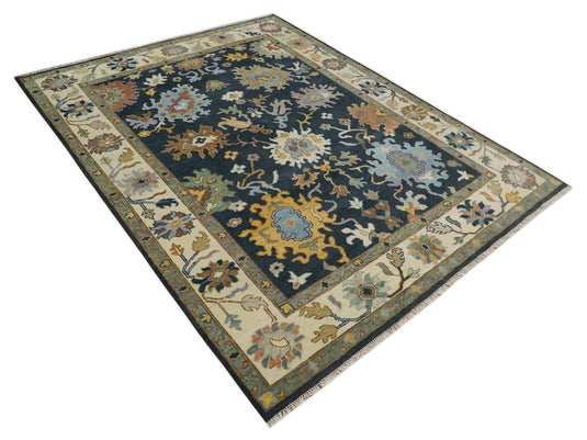 Traditional Hand knotted Oushak 9x12 Wool Charcoal and Ivory Area Rug | CP789912