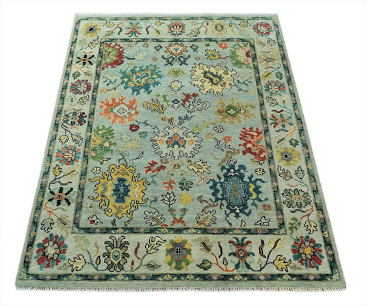 Hand Knotted Traditional Persian 5x8, 6x9, 8x10, 9x12 and 10x14 Blue and Beige Vibrant Turkish Oushak Area Rug | CP423