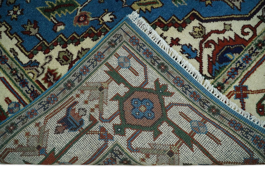 8x10 Fine Hand Knotted Beige, Blue and Ivory Traditional Vintage Persian Style Serapi Heriz Antique Wool Rug, Living Room Rug | CP540810