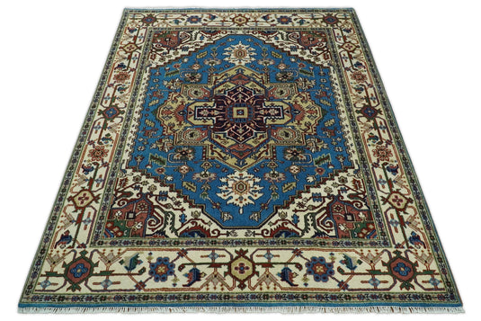 8x10 Fine Hand Knotted Beige, Blue and Ivory Traditional Vintage Persian Style Serapi Heriz Antique Wool Rug, Living Room Rug | CP540810