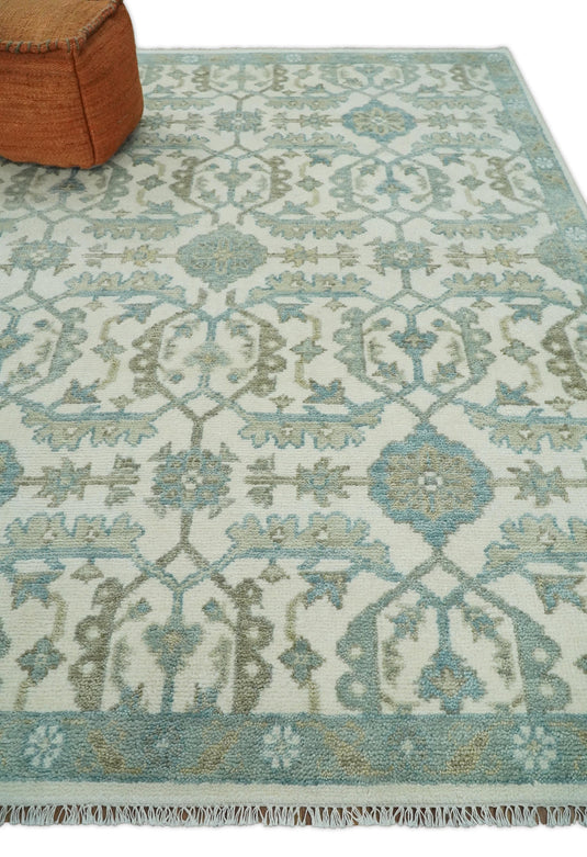 Hand Knotted Large Antique Turkish Oushak 8x10 Beige and Blue Wool Area Rug, Pastel Rug, Living Room, Bedroom and Dinning Rug | CP428