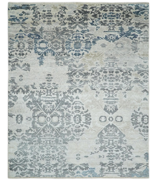 Traditional Hand Knotted Blue, Beige and Gray 8x10 Persian style Bamboo Silk Rug, Living Room and Bedroom Rug