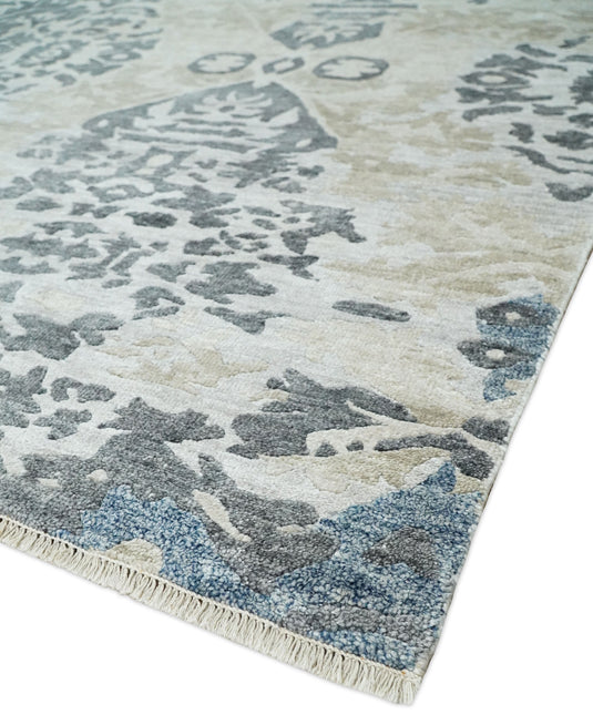 Traditional Hand Knotted Blue, Beige and Gray 8x10 Persian style Bamboo Silk Rug, Living Room and Bedroom Rug